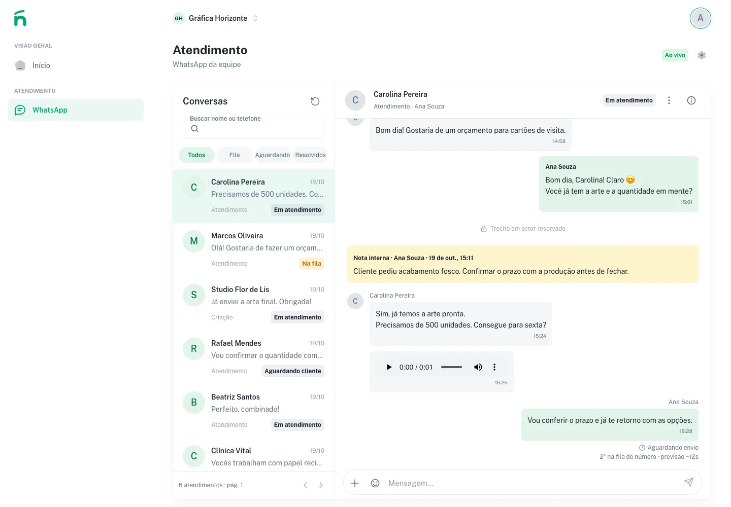 Atendimento pelo WhatsApp com conversas de exemplo